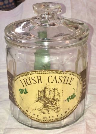 Vintage Irish Castle Pipe & Cigarette Tobacco Glass Humidor Jar W/ Lid Tax Stamp