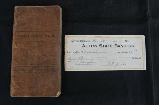 Vintage 1911 Acton State Bank Record Book & 1920 Check - Acton,  Indiana
