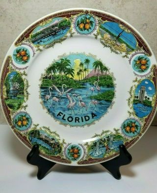 Vintage Kenmar Florida Souvenir Plate Flamingos Oranges Tourist 10 1/2 " Japan