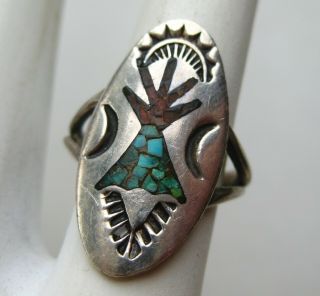 Vintage Navajo Indian Sterling Silver Turquoise Coral Inlay Ring Size 4.  5
