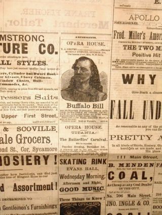 Newspaper Buffalo Bill Cody Show Ad Sioux Pawnee Chiefs Evansville IN 1881 3