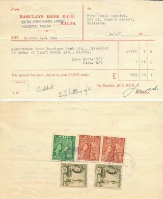 Malta 1961,  Bank Document With Postage Stamps As Revenues.  B13