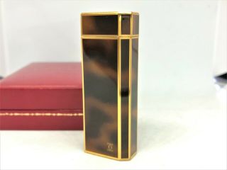 Auth Cartier Tortoise Shell Design Lacquer Pentagon 5 - Sided Lighter Gold W Case