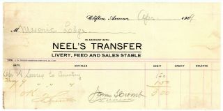 1909 Clifton Arizona Neel’s Livery Stable Surry Rental Masonic Lodge Billhead