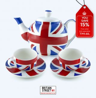 Uk Union Jack Tea Set.  Souvenir British Teapot.  British Teacups And Saucers.