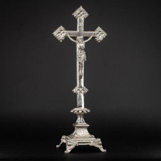 Altar Crucifix | Standing Cross | Antique Jesus Angels Silvered Metal | 19 "