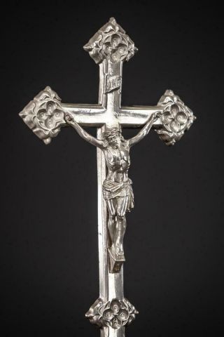 Altar Crucifix | Standing Cross | Antique Jesus Angels Silvered Metal | 19 