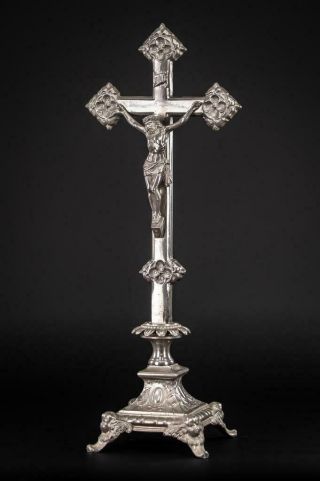 Altar Crucifix | Standing Cross | Antique Jesus Angels Silvered Metal | 19 