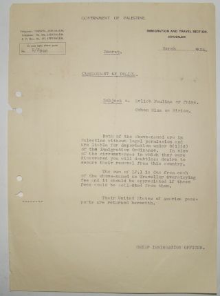 1930 Palestine Secret Police Letter Immigration Office Jewish Us Passport Deport