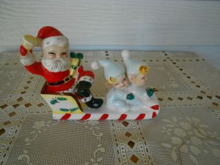 Vintage Norcrest Ceramic Christmas Santa & Elves On Sleigh