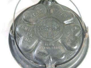 ANTIQUE VINTAGE HEART & STAR GRISWOLD CAST IRON WAFFLE IRON MAY 18,  1920 NO.  8 2