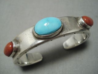 Thick And Heavy Vintage Navajo Coral Turquoise Sterling Silver Bracelet