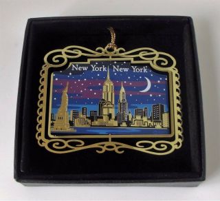 York City Skyline At Night Christmas Ornament Black Leatherette Gift Box
