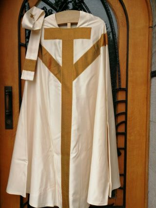 Antique Vintage France Catholic Priest Ecru Satin Brocade Chasuble Vestment