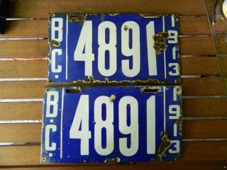 British Columbia 1913 License Plates.  Rare Porcelain.  First Year Release