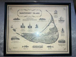 Framed Nantucket Island Map Authentic 1992 Art G.  S.  Hill - 11 " X14 "