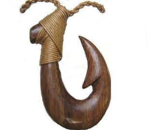 28mm Hawaiian Hand Carved Solid Koa Wood Makau Fish Hook Necklace 2