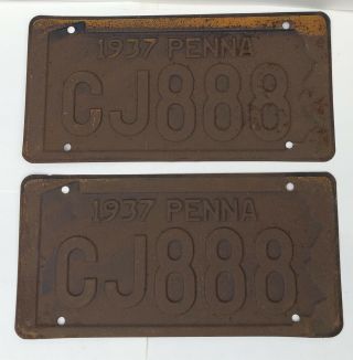 1937 Vintage Pa Pennsylvania License Plates Matching Pair Metal Embossed Cj888