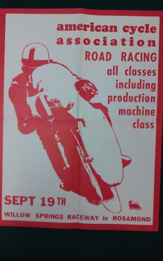 Vintage - 1965 Aca - American Cycle Ass.  - Road Racing Poster - Willow Springs