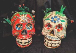 Two Rare Vtg Mexico Folk Art Paper Mache Skulls By Pedro Linares 1970 Signed