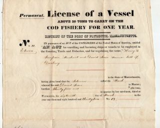 1832 Commercial Fishing Boat Cod Fishing License Plymouth,  Massachusetts