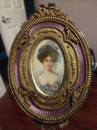 Antique Ladies Hand Mirror Portrait Gilded Bronze Vanity French Vintage Enamel ?