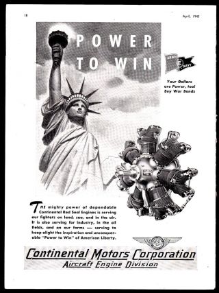 1943 Wwii Continental Motors Aircraft Engine Ww Ii Ad Statue Of Liberty
