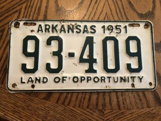 1951 Arkansas Vintage License Plate Tag 93 409 All