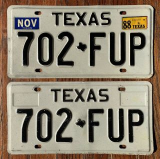 Vintage Pair 1988 Nov 88 Texas Tx License Plates Passenger 702 Fup