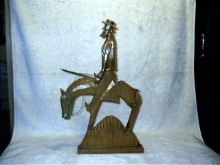Vintage Hand Carved Cowboy On Horse Rustic Folk Art Wooden Figurine Don Quixote