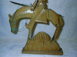 Vintage Hand Carved Cowboy On Horse Rustic Folk Art Wooden Figurine Don Quixote 2