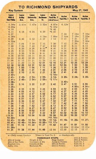 Richmond Shipyard Railway (key System) Card Passenger Time Table,  May 27,  1945