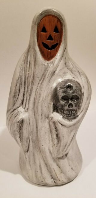 Vintage Halloween Ceramic Yozie Mold Pumpkin Head Ghost Holding Skull 1970s