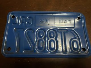 1981 California Motorcycle License Plate 6T8827 Yellow on blue October 2