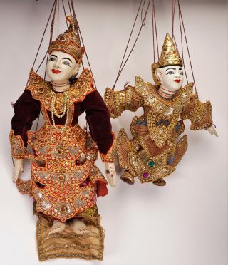 Antique Thai Indonesian Burmese Hand Made Pair Elaborately Dressed Puppets
