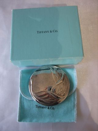 Tiffany & Co Raised Leaf Pattern Silver Plate Mirror With Pouch And Box