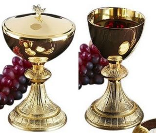 Gold Tone Dual Finish Chalice And Paten Set With Ciborium And Cover,  7 Inch