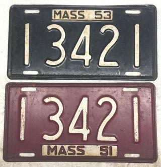 1951 1953 Massachusetts License Plate 13421 Ma Mass Same Number Different Year