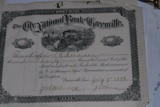 1896 City National Bank Of Greenville,  Texas Stock Certificate