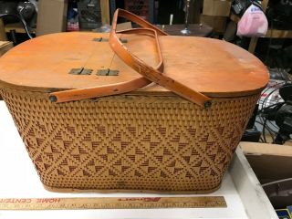 Vintage Redmon Picnic Basket W/ Colonial Plastics 12 Piece Tray & Cup Set & More