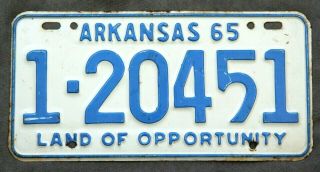 Arkansas 1965.  License Plate.