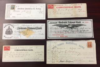 6 Different Old Bank Checks - 1868 - 1920
