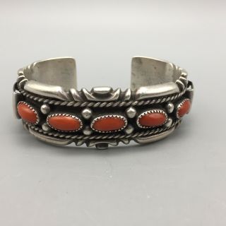 Vintage Coral And Sterling Silver Cuff Bracelet Signed By Wilson Begay