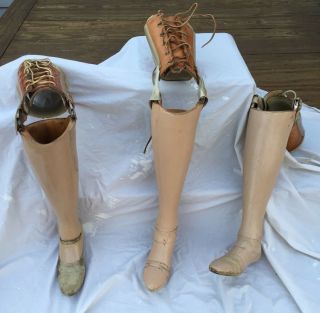 Vintage Wooden Prosthetic Leg W/ Leather Lace - Up Binding,