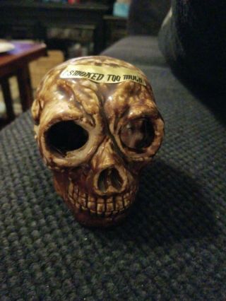 Vintage Skeleton Ashtray " I Smoked Too Much " Brown Ceramic Skull