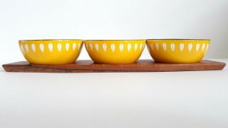 Vintage Mcm Cathrineholm Yellow 3 Snack Bowl Set W/teak Tray Norway Lotus Enamel