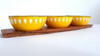 Vintage MCM Cathrineholm Yellow 3 Snack Bowl Set w/Teak Tray Norway Lotus Enamel 2