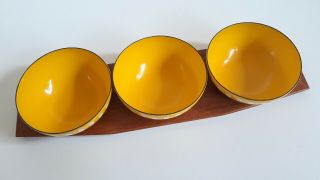 Vintage MCM Cathrineholm Yellow 3 Snack Bowl Set w/Teak Tray Norway Lotus Enamel 4