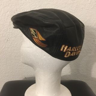 Harley Davidson Motorcycle Black Leather Biker Hat Newsboy Cabbie Size Small