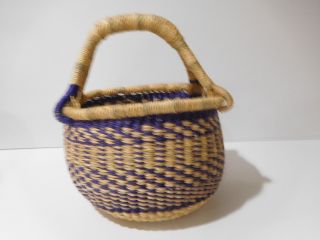 Small Fair Trade Handmade Ghana Bolga Market Basket Leather Handle